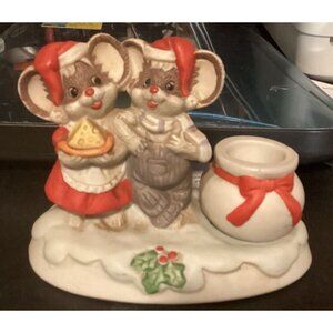 Christmas On Mainstreet Porcelain Mouse Mice Couple Candle Holder Vintage